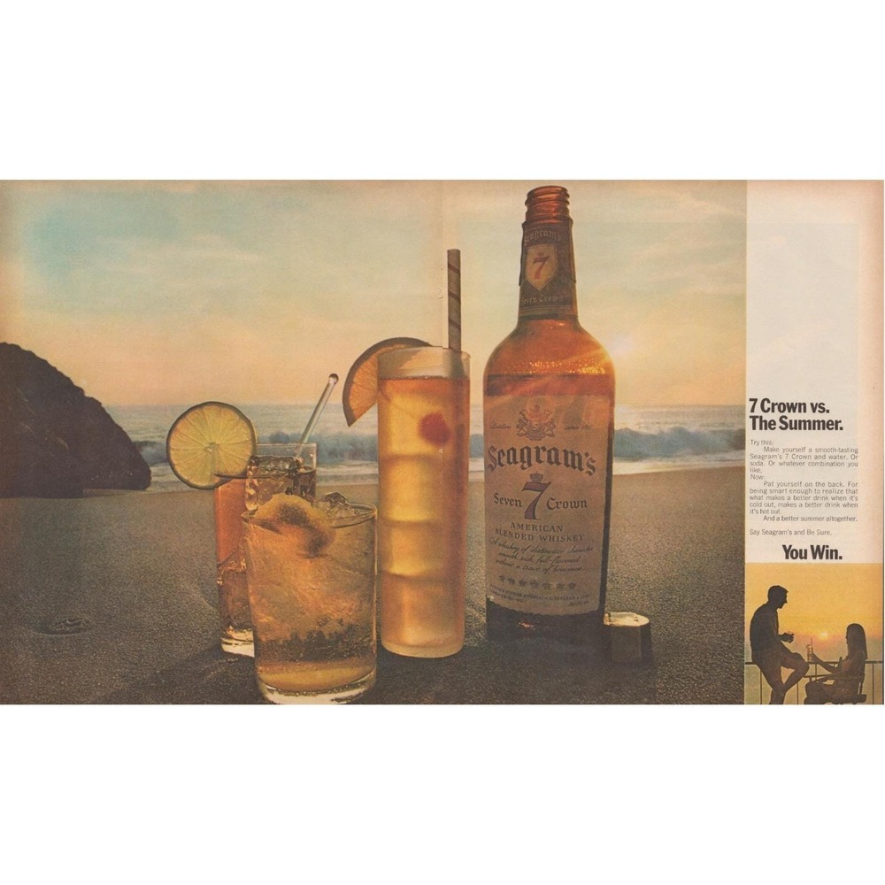1969 Seagram's 7  Vintage Print Ad Crown Whiskey Summer Beach Sunset Cocktail